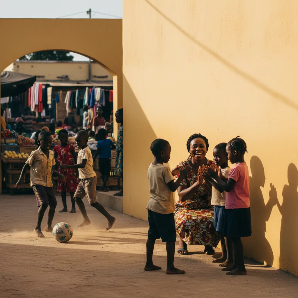 Des enfants jouent au football dans la cour d'un lieu d'accueil à Abobo, une éducatrice à leur niveau.