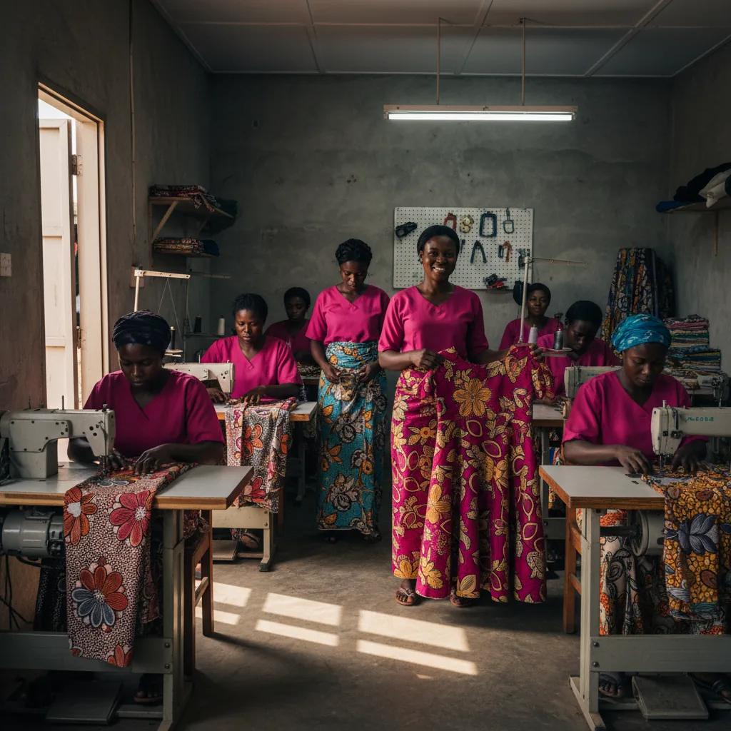 Des femmes en pagne magenta travaillent dans une coopérative de couture à Bouaké.
