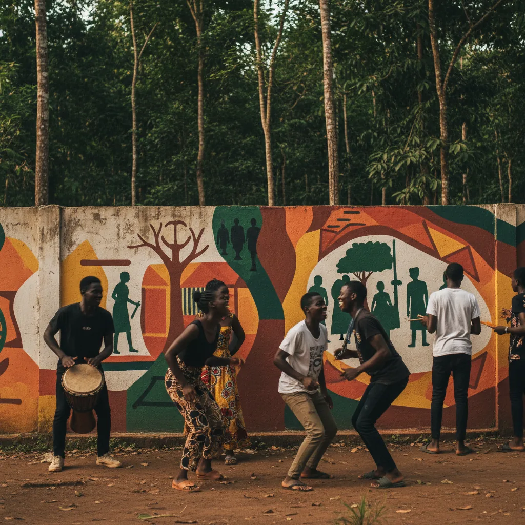 Des jeunes répètent une danse et peignent une fresque murale à Daloa.