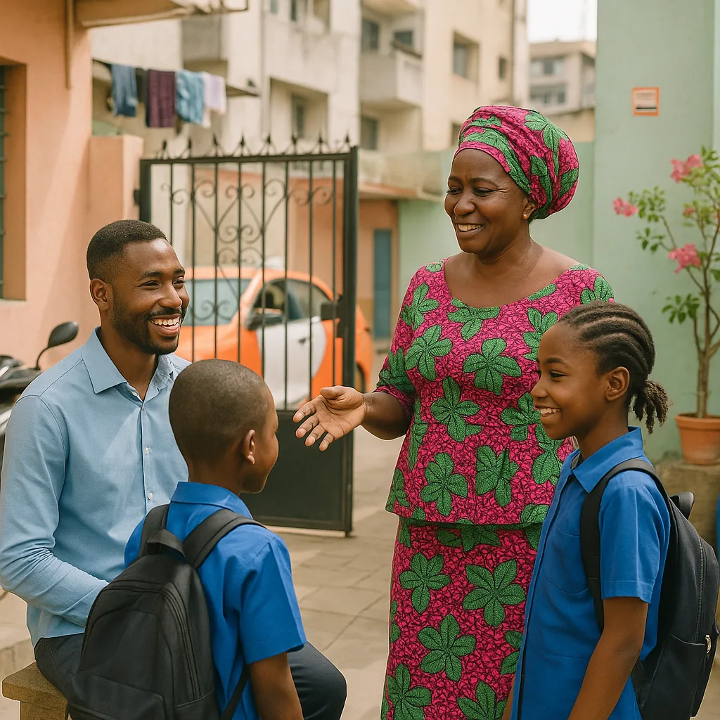 Une famille ivoirienne échange avec une éducatrice dans une cour d'Abidjan, deux enfants en uniforme scolaire bleu.