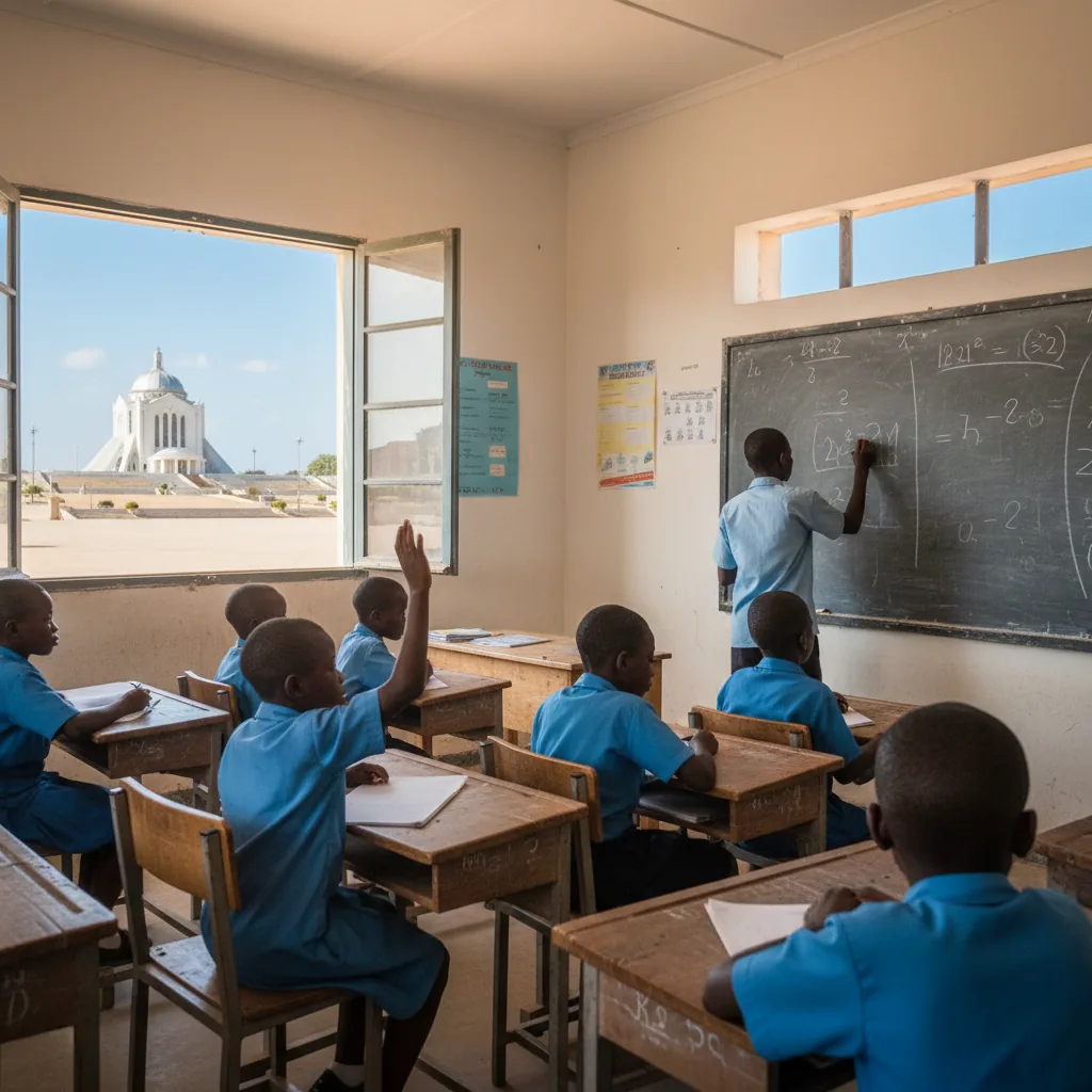 Élèves en uniforme bleu dans une salle de classe à Yamoussoukro, la basilique visible au loin.